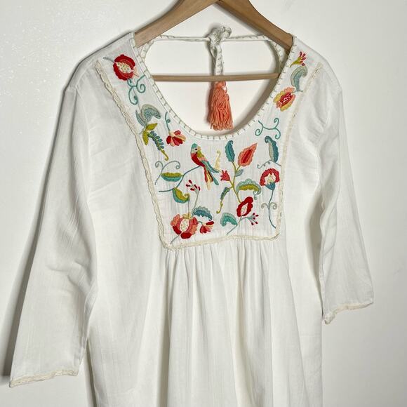 La Troupe Women's Embroidered Swim Cover Up White Floral Bird Print Tasseled - Picture 3 of 10